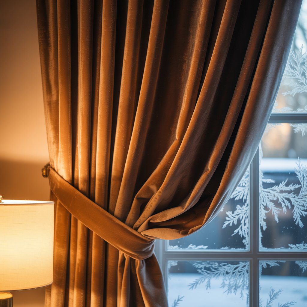 Thick winter curtains in warm tones.