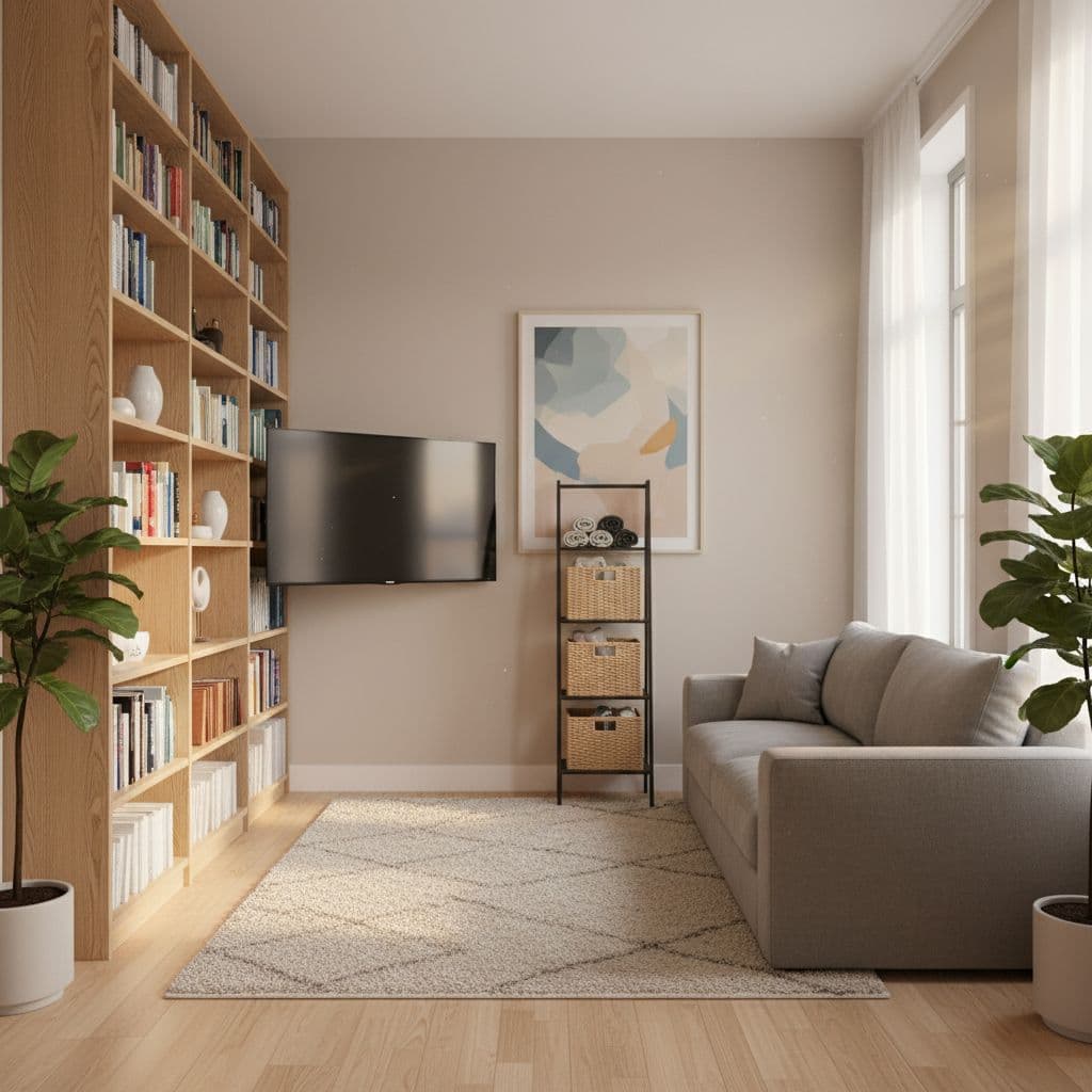 Cozy Scandinavian living room with bookshelves.