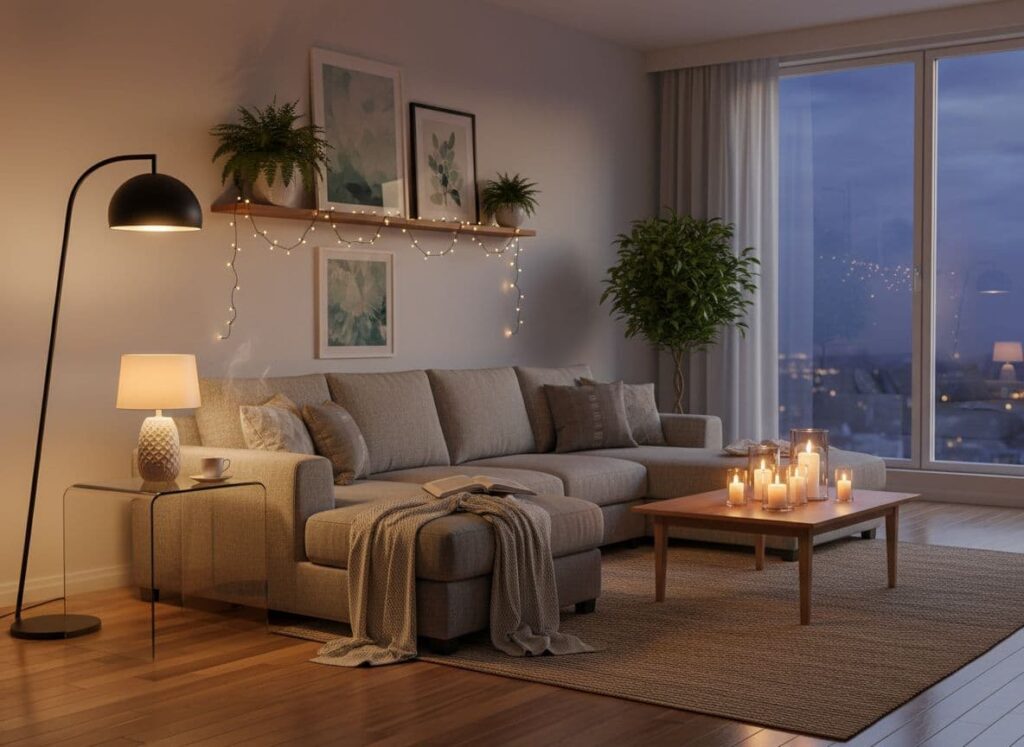 A serene, inviting living room with plush seating, warm lighting from lamps and candles, and subtle evening ambiance through large windows.