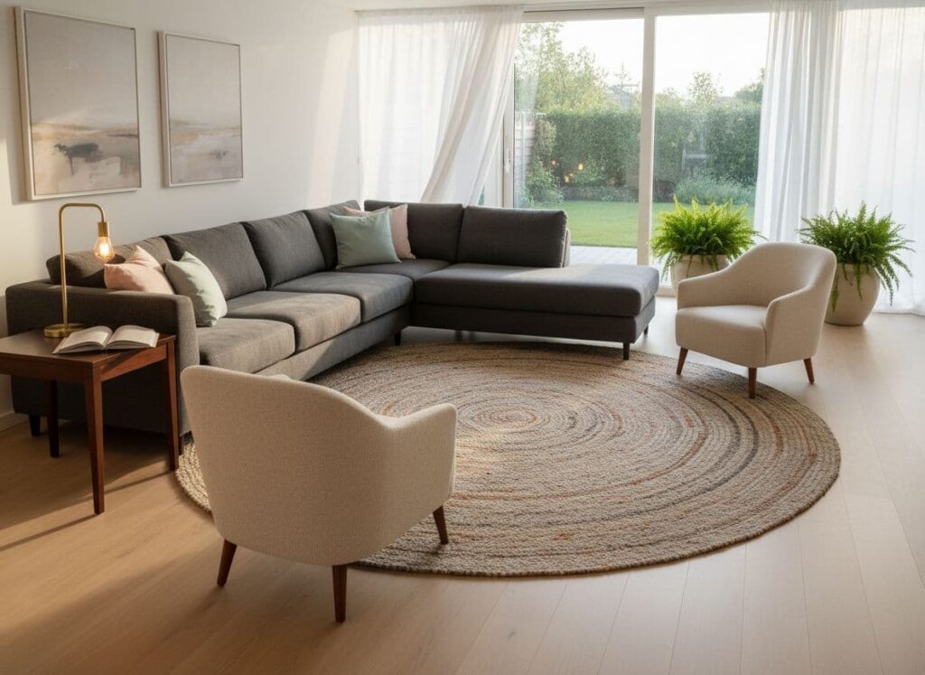A serene contemporary living room with a plush gray sectional sofa, beige armchairs, and natural light from large windows, creating an inviting space for relaxation and conversation.