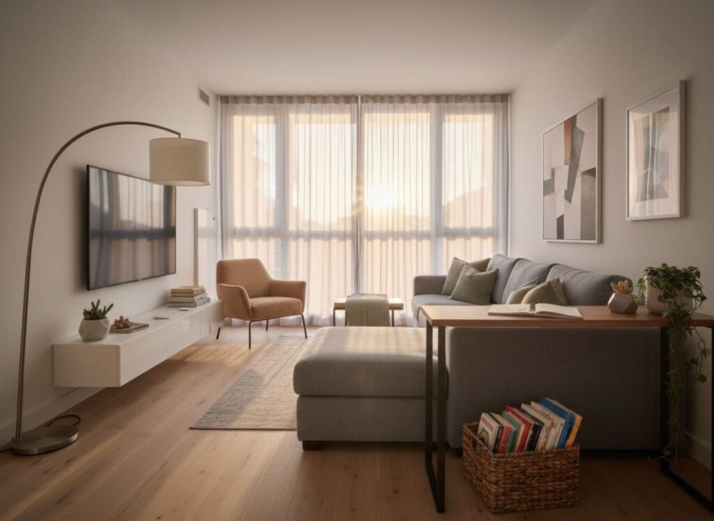 A versatile living room blending relaxation and productivity with a plush L-shaped sofa, wall-mounted TV, armchair, and workspace console, bathed in warm golden hour light.