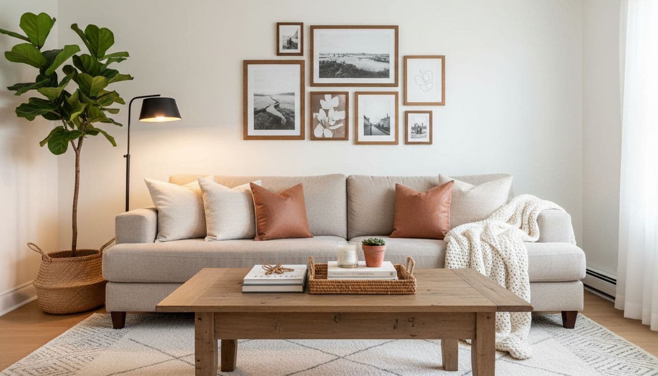 Cozy living room makeover with neutral sofa, layered pillows, chunky knit throw, styled coffee table, gallery wall, plants, and warm lighting, decorated using existing furniture and budget friendly décor.