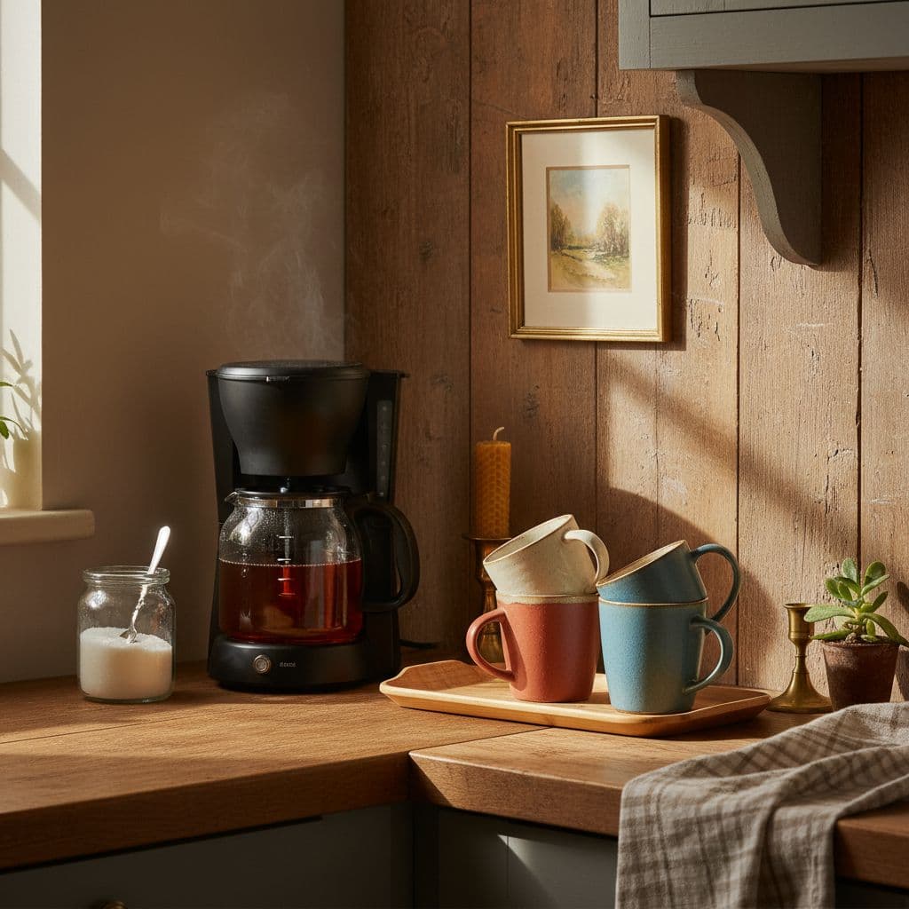 A sunlit corner of a rustic wooden kitchen featuring a vintage drip coffee maker, mismatched mugs, and homely details evoking a leisurely weekend morning.