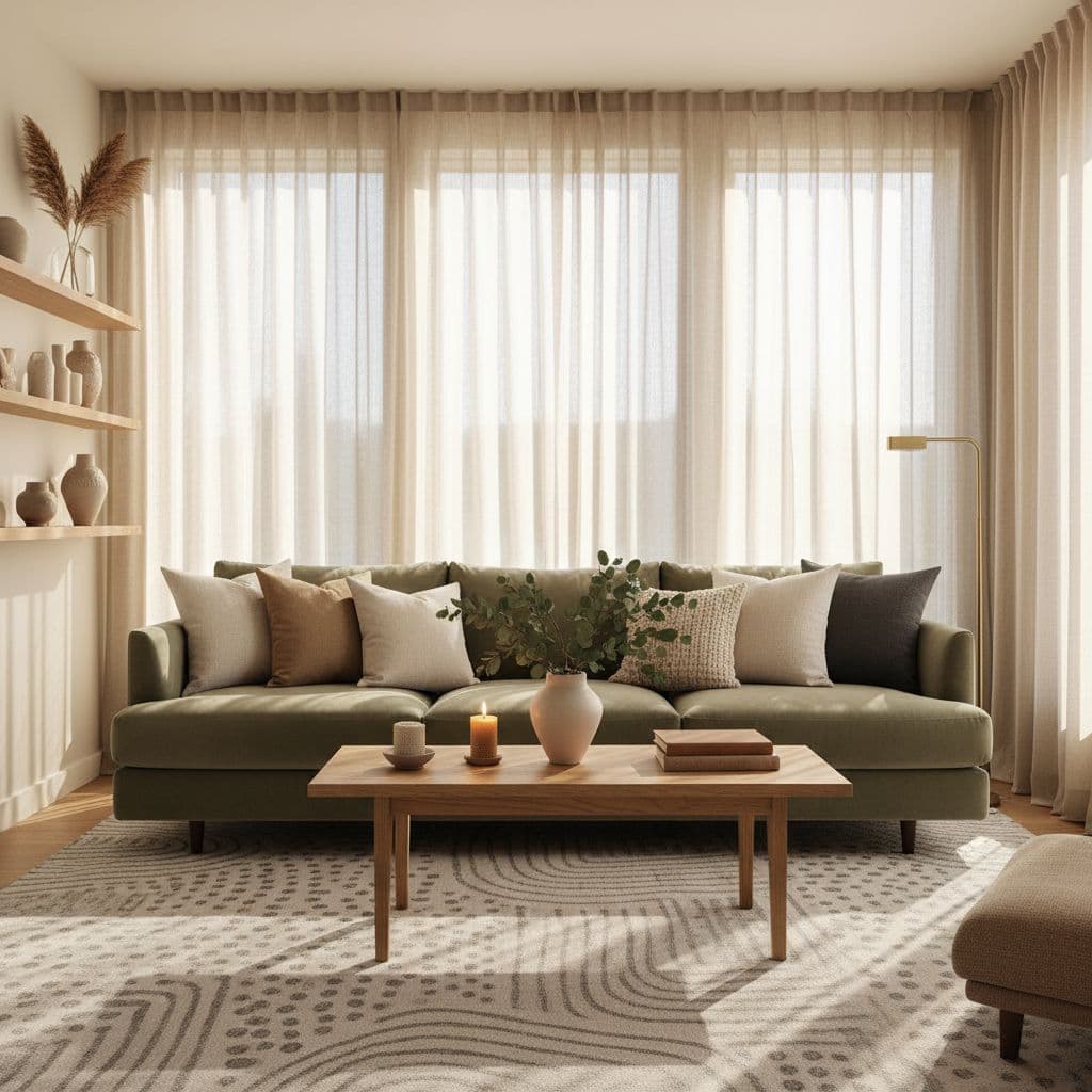 A cozy living room bathed in soft golden-hour sunlight through floor-to-ceiling windows, featuring a plush sage green velvet sofa, neutral pillows, minimalist oak coffee table, and serene decor.