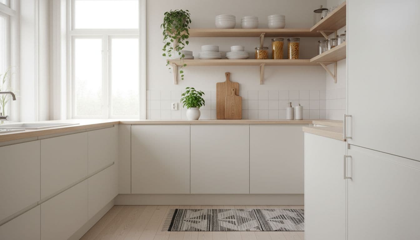 A bright and cozy small kitchen in modern Scandinavian style features uncluttered white cabinets, a light wood countertop with minimal items like a cutting board and potted herb, and open shelves with stacked dishes and glass jars. Warm natural light from a side window enhances the clean, inviting atmosphere.