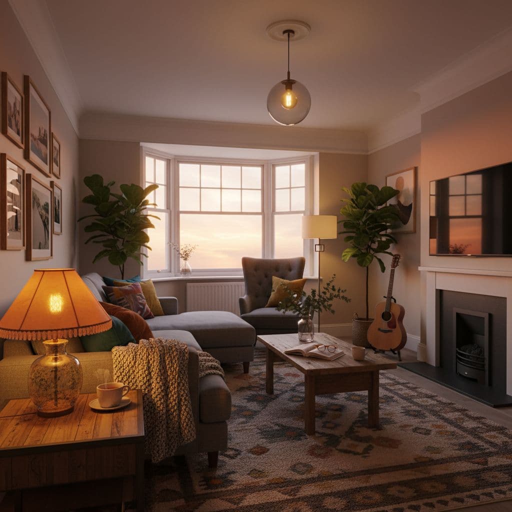 A cozy small living room bathed in warm golden sunset light through a bay window, featuring plush gray sofa, lamps, armchair, and personal touches like plants, books, and art for a serene, inviting atmosphere.