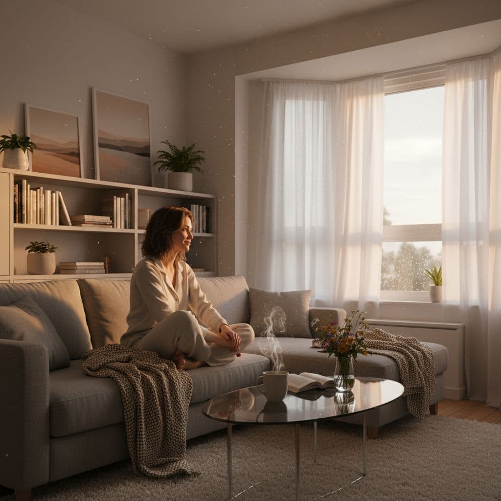 Cozy living room with tea and sunlight.