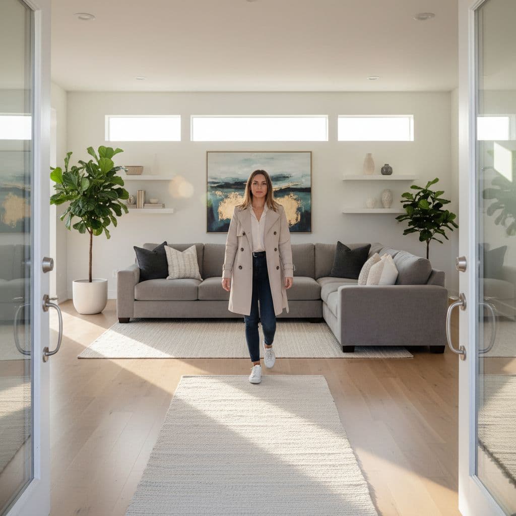 Photorealistic view from the open front door of a spacious, minimalist modern living room where a stylish guest walks unobstructed to a plush gray sectional sofa, bathed in warm golden hour sunlight with floor-to-ceiling windows enhancing the airy openness.