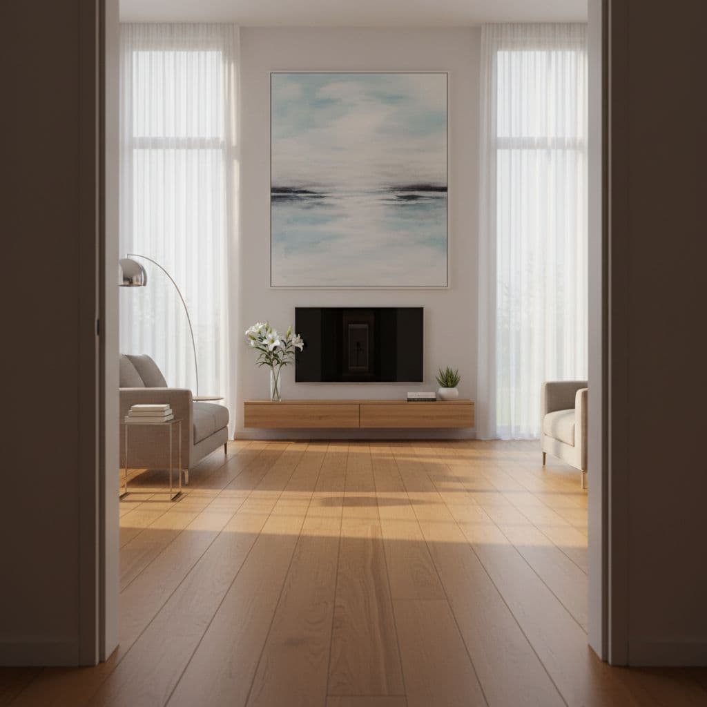 Photorealistic first-person view entering a minimalist living room with a focal abstract painting above a sleek TV console, sparse furniture, and golden hour light creating infinite depth and zen tranquility.