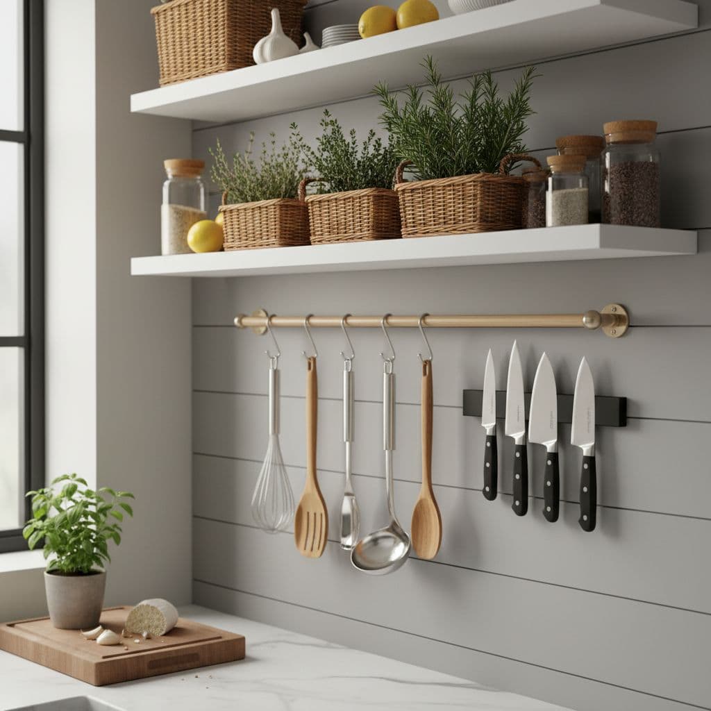A close-up of a compact kitchen wall featuring a wooden rail with hanging utensils, a magnetic strip for knives, and a floating shelf with baskets of herbs and spices, all in a minimalist, cozy style with natural light.