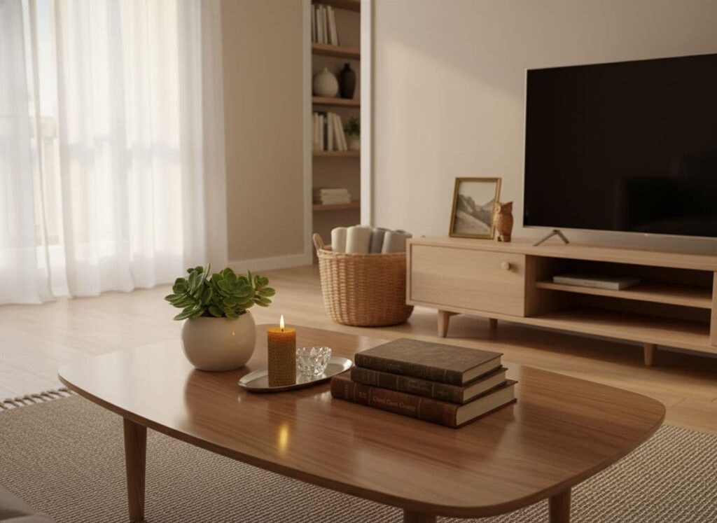 A peaceful, uncluttered living room with a sleek wooden coffee table featuring books, a succulent, and a candle, bathed in soft golden hour light.
