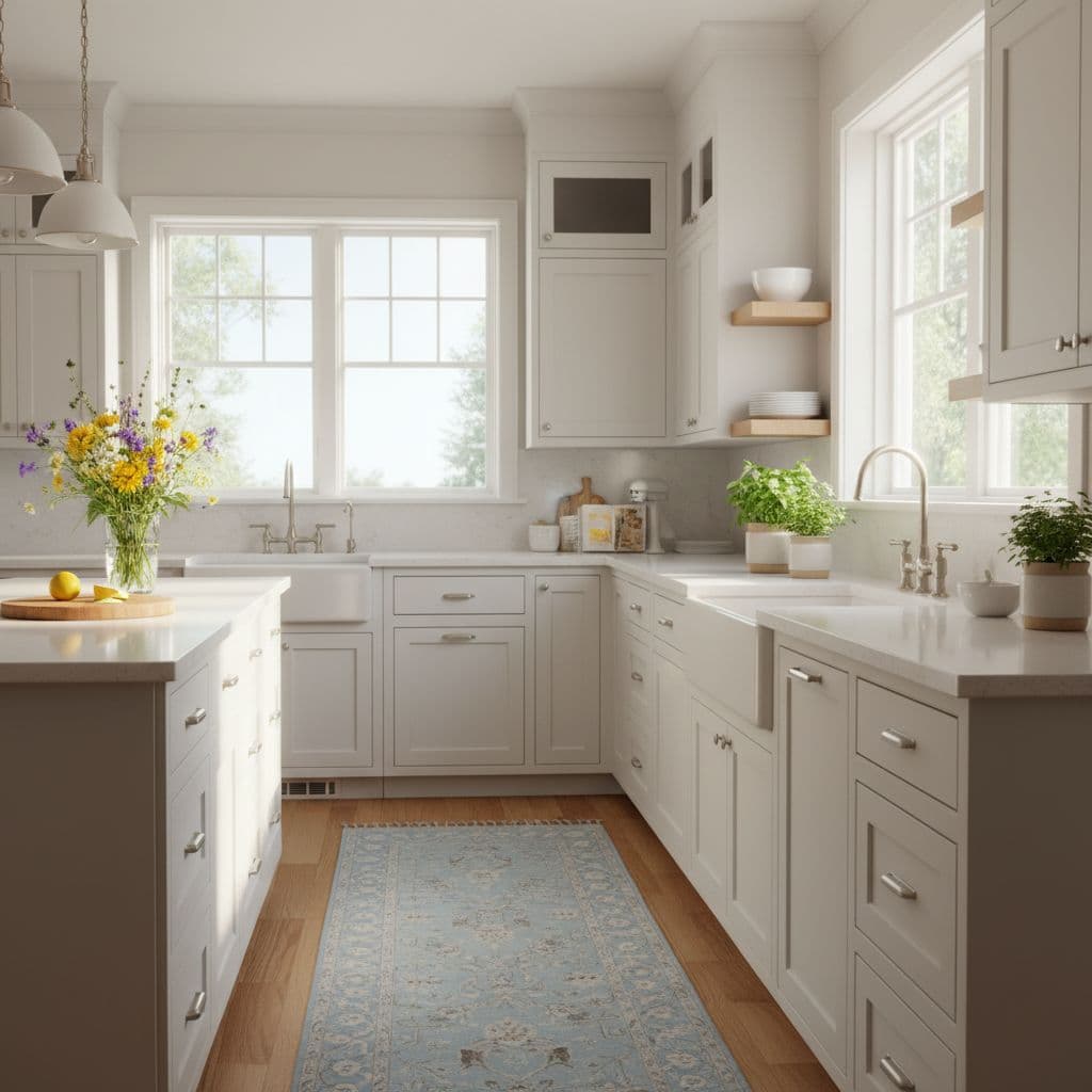 A bright, spacious modern kitchen illuminated by morning sunlight through large windows, featuring soft white shaker cabinets, a pale blue floral rug, oak accents, and a farmhouse sink with fresh herbs and wildflowers on the counter.