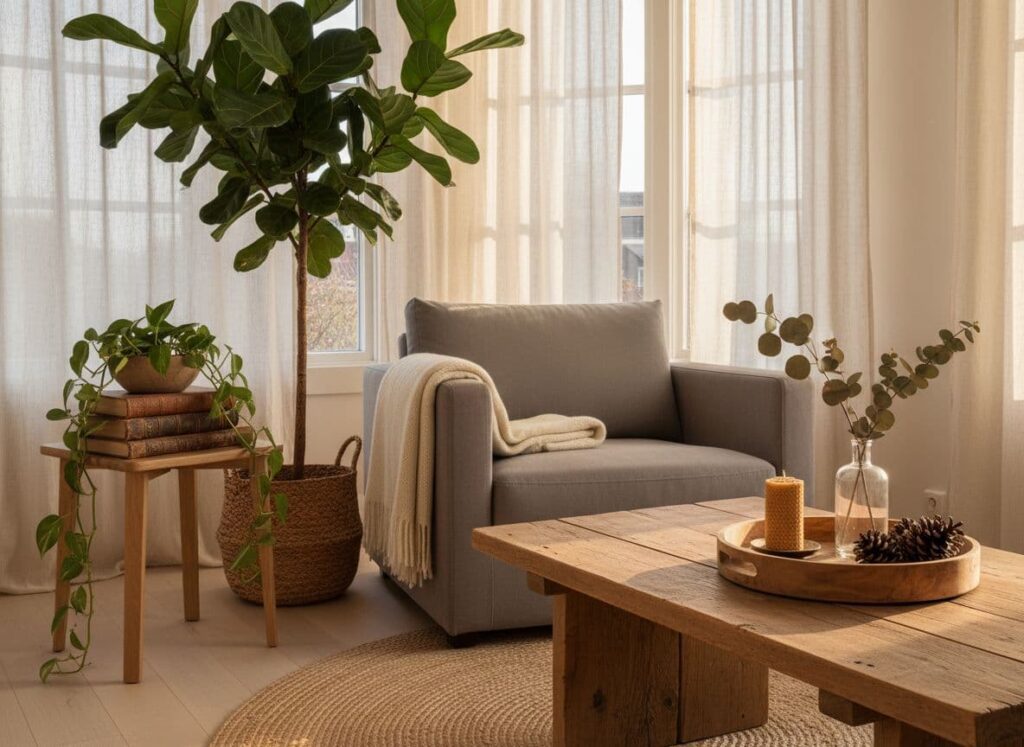 A serene, nature-inspired corner of a modern Scandinavian living room bathed in golden afternoon sunlight, featuring lush fiddle-leaf fig and pothos plants alongside minimalist decor elements like a wooden coffee table with beeswax candle and dried eucalyptus.