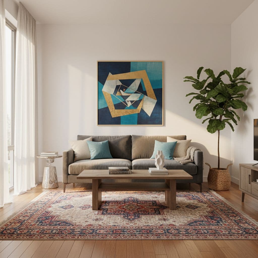 A photorealistic interior of a cozy, compact modern living room subtly stretched vertically to create an illusion of towering height and airy spaciousness, featuring a plush gray sofa, high-hung abstract art, and a lush fiddle-leaf fig reaching toward the ceiling, bathed in golden hour sunlight.