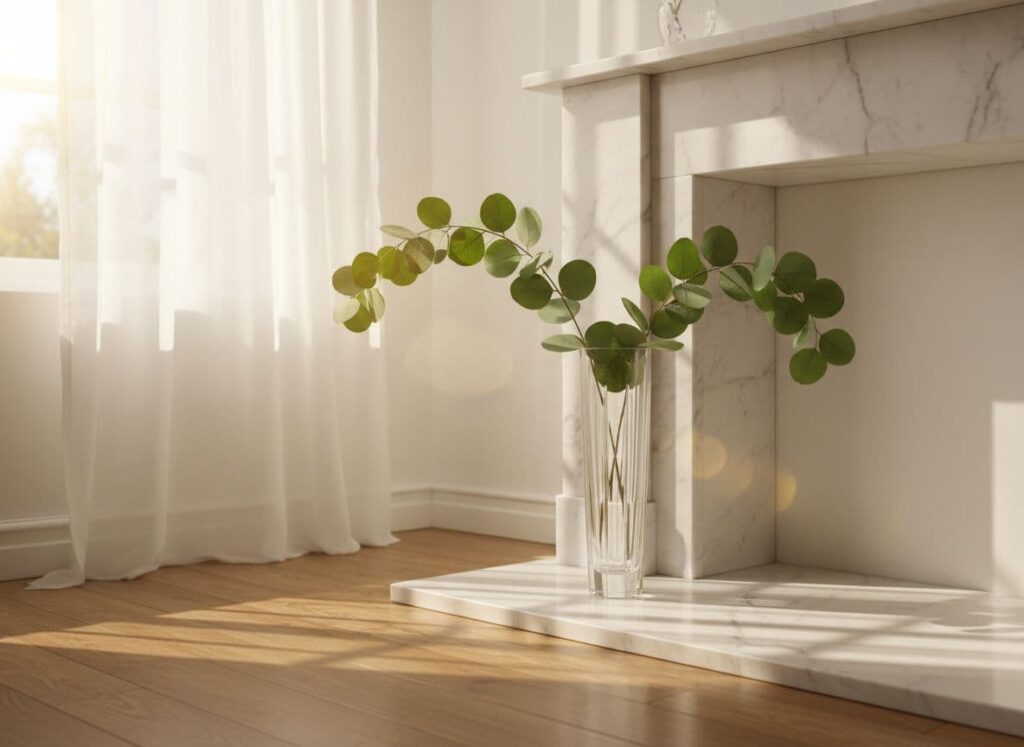 Clean spring mantel with one focal point, warm neutrals, and open space for an airy look