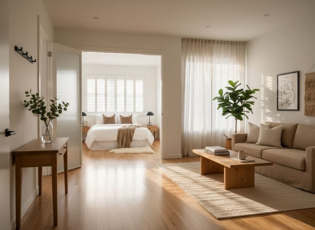Photorealistic warm minimalist modern apartment interior at 8 a.m., featuring seamlessly connected entryway, cozy living room, and serene bedroom with soft morning sunlight, natural textures, and luxurious simplicity. The design evokes calm and invitation through neutral tones, natural wood, plush fabrics, and ample negative space.